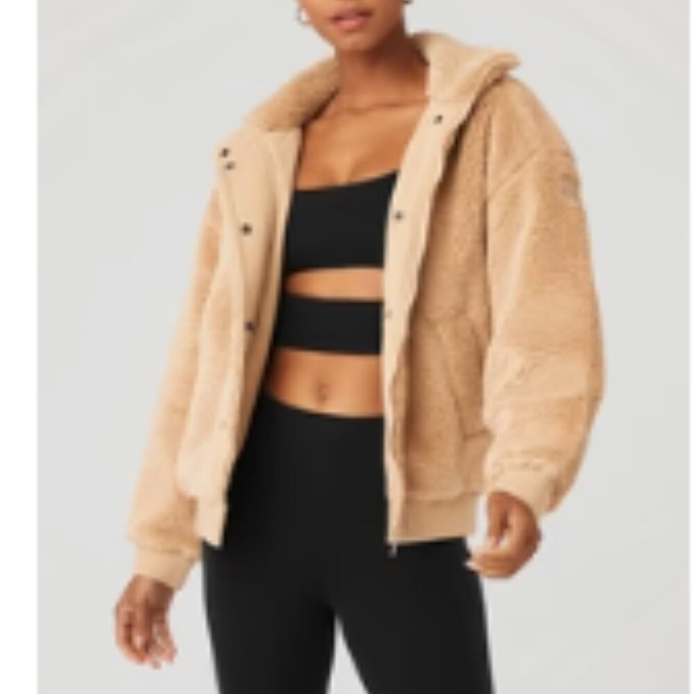 AOL Sherpa Varsity Plush Jacket Camel Size Small